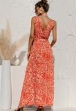 Summer Casual Print Orange Sleeveless V-Neck Long Sundress