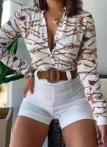 Summer Formal Print White Long Sleeve Blouse and Plain Shorts 2 Piece Set