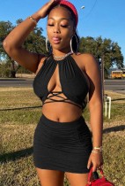 Summer Sexy Black Halter Crop Top and Ruched Stings Mini Skirt Set