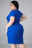 Summer Plus Size Blue Ruched Strings Bodycon Dress