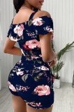 Summer Casual Blue Floral Strap Top and Shorts 2 Piece Set