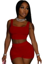 Summer Casual Red Vest and Biker Shorts 2 Piece Set