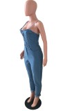Summer Casual Sexy Blue Strap Tight Denim Jumpsuit
