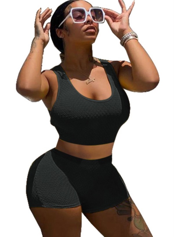 Wholesale Summer Casual Black Tight Vest and Shorts Matching Set | Global Lover
