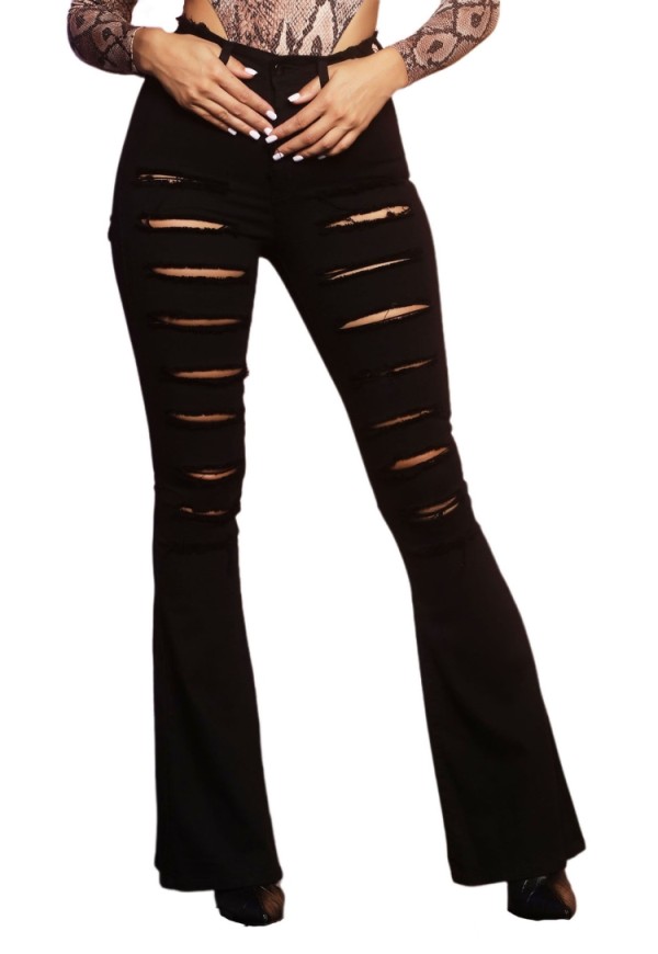 Wholesale Summer Black Ripped High Waist Flare Jeans | Global Lover