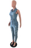 Summer Casual Blue Sleeveless Tight Denim Jumpsuit with Pockets