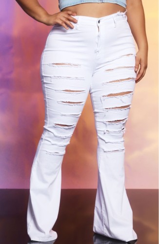 Summer White Ripped High Waist Flare Jeans