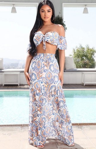 Summer Print White Bandeau Top and Long Skirt Matching Sundress Set