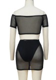 Summer Black Sexy Ruched Crop Top and Mini Skirt Set