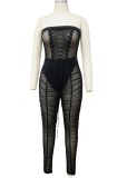 Summer Black Sexy Strapless Lace-Up Ruched Bodycon Jumpsuit