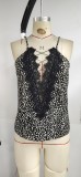 Summer Black Lace Patch Strap Leopard Vest