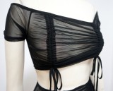 Summer Black Sexy Ruched Crop Top and Mini Skirt Set