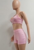 Summer Pink Sexy Strap Crop Top and Biker Shorts Set