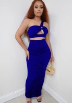Summer Blue Sexy One Shoulder Crop Top and Midi Skirt Set