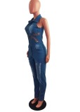Summer Casual Sleeveless Hollow Out Blue Ripped Denim Jumpsuit