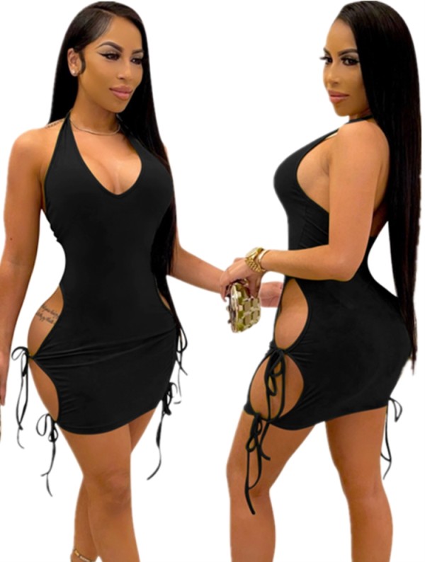 Summer Black Cut Out Sexy Strings Halter Bodycon Dress