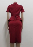 Summer Vintage Red Short Sleeves Peplum Office Dress