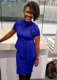 Summer Vintage Blue Short Sleeves Peplum Office Dress