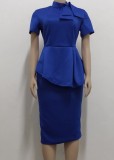 Summer Vintage Blue Short Sleeves Peplum Office Dress