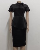 Summer Vintage Black Short Sleeves Peplum Office Dress