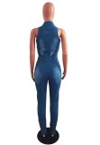 Summer Casual Sleeveless Hollow Out Blue Ripped Denim Jumpsuit