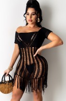 Summer Black Crochet Fringe Dress Cover-Up