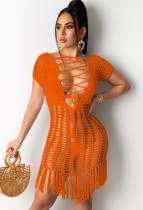 Summer Orange Crochet Fringe Dress Cover-Up