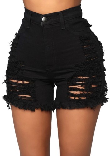 Summer Plus Size Black Ripped High Waist Denim Shorts