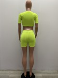 Summer Print Green Sexy Tight Crop Top and Biker Shorts 2 Piece Set