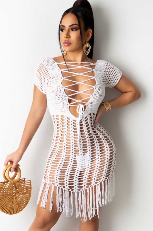 Summer White Crochet Fringe Dress Cover-Up