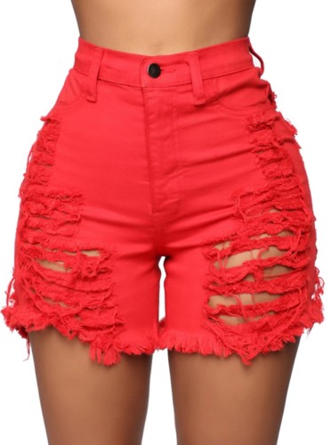 Shorts jeans plus size vermelho rasgado de cintura alta