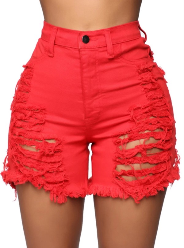 Summer Plus Size Red Ripped High Waist Denim Shorts