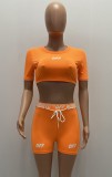 Summer Print Orange Sexy Tight Crop Top and Biker Shorts 2 Piece Set