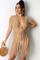 Summer Khaki Crochet Fringe Dress Cover-Up