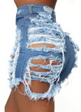 Summer Plus Size Light Blue Ripped High Waist Denim Shorts