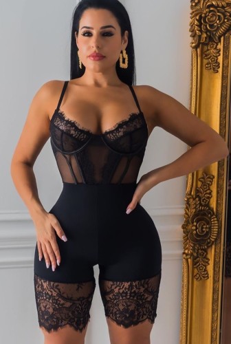 Summer Black Sexy Lace Patch Strap Bodycon Rompers