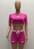 Summer Print Pink Sexy Tight Crop Top and Biker Shorts 2 Piece Set