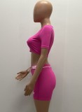 Summer Print Pink Sexy Tight Crop Top and Biker Shorts 2 Piece Set