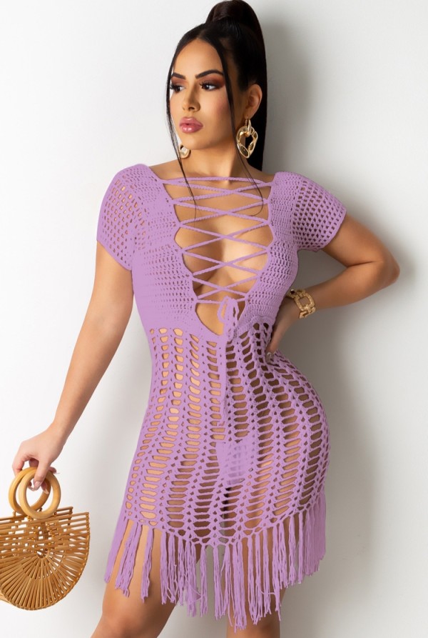 Summer Purple Crochet Fringe Dress Cover-Up