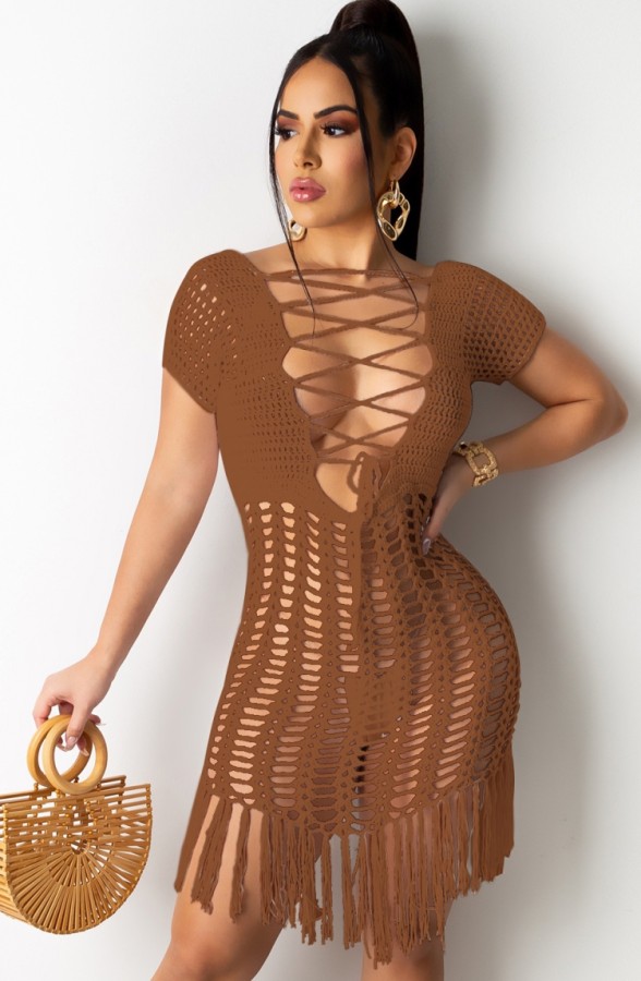 Summer Brown Crochet Fringe Dress Cover-Up