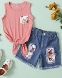 Kids Girl Summer Floral Shirt and Denim Shorts 2 Piece Set