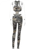 Summer Tiger Print Cut Out Sexy Bodycon Sleeveless Jumpsuit