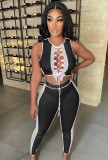 Summer Color Block Sexy Lace-Up Crop Top and Pants 2 Piece Matching Set