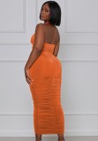 Summer Formal Orange Sexy Halter Crop Top and Ruched Midi Skirt Matching Set