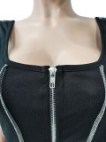 Summer Sexy Black Zipper Crop Top and High Waist Shorts 2 Piece Set