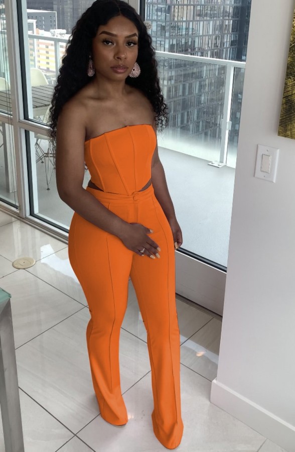 Summer Formal Orange Sexy Strapless Crop Top and Pants Matching Set