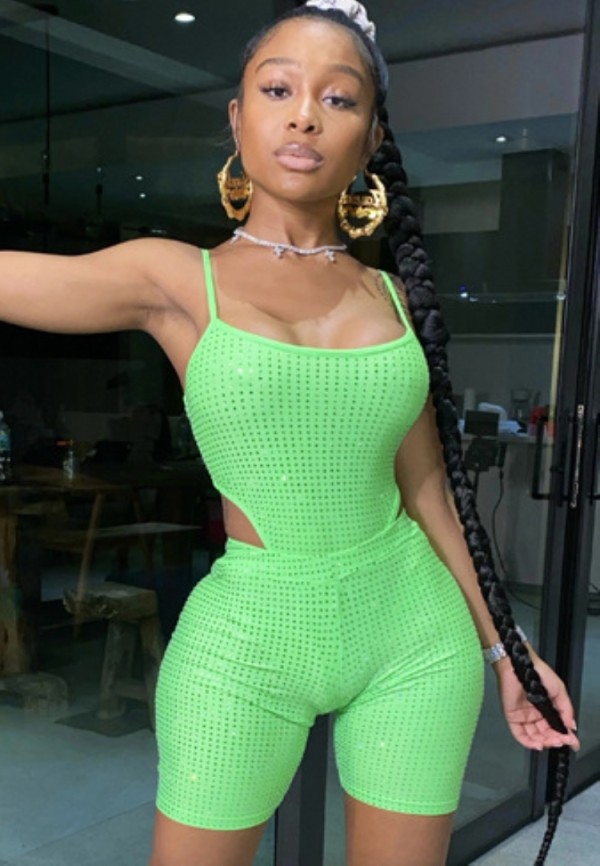 Summer Green Sparkly Sexy Strap Bodysuit and Shorts 2 Piece Matching Set