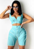 Summer Sexy Blue Zipper Crop Top and High Waist Shorts 2 Piece Set