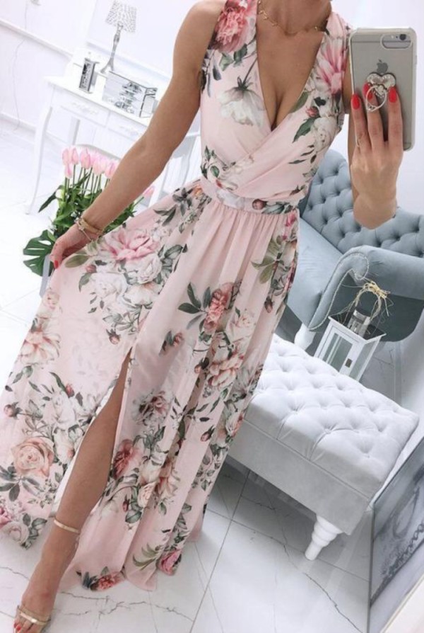 Summer Formal Floral Pink Sleeveless Wrap Long Sundress