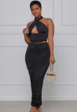 Summer Formal Black Sexy Halter Crop Top and Ruched Midi Skirt Matching Set